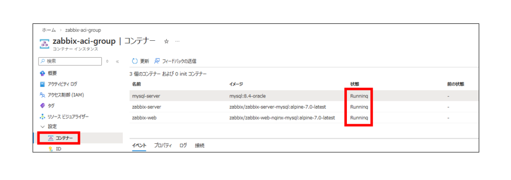 コンテナの確認としてRunningであることを確認する
